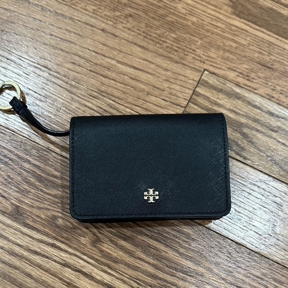 Tory Burch Black Card Holder with Gold Accent and Key Ring
